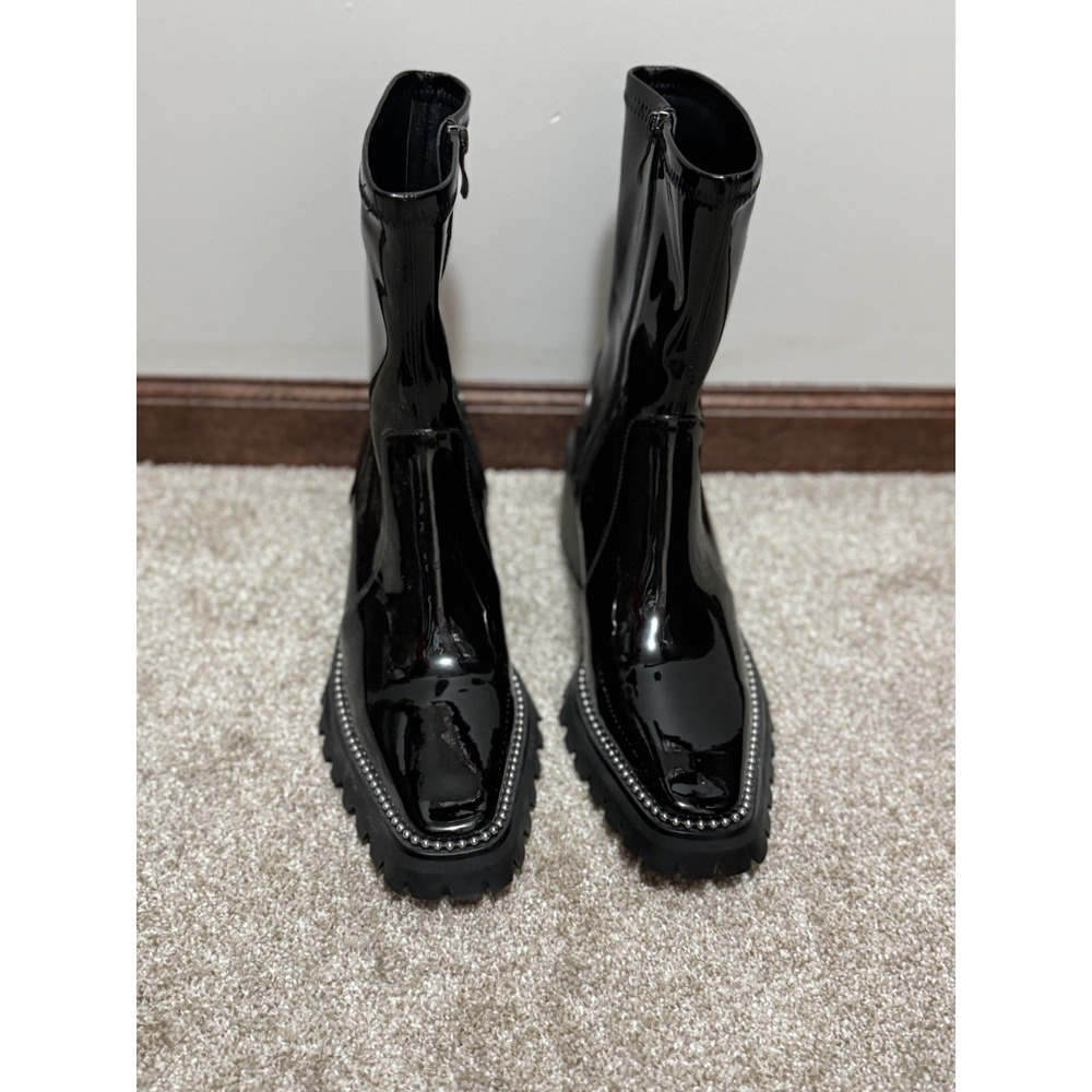 Black Patent Ankle Boots Chunky Lug Sole Silver Bead Glam Goth Grunge